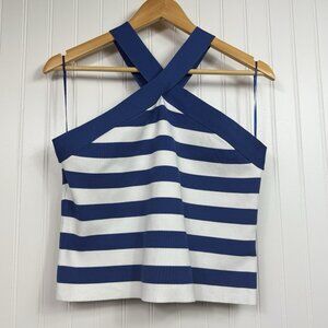 Sincerely Jules Halter Tank Top Womens Large Blue and White Criss Cross NWT